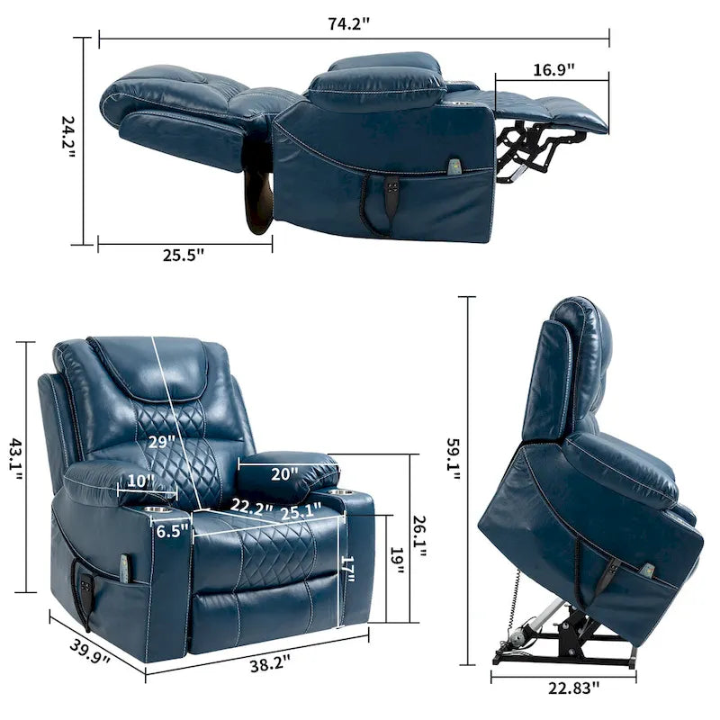 Oversized PU Leather Power Lift Recliner with Massage and Heating, Lay Flat