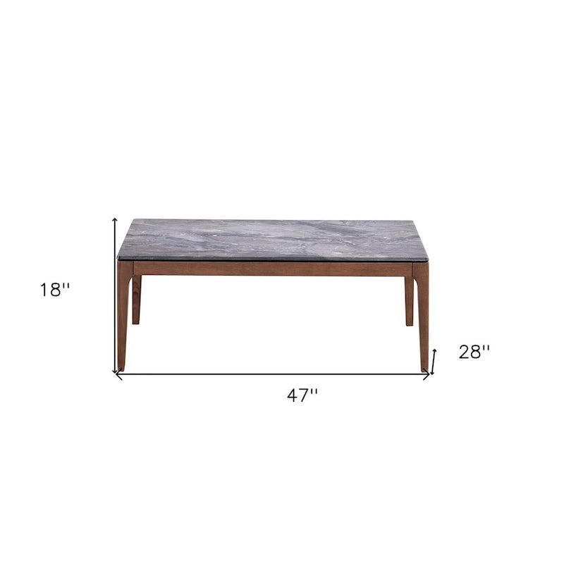 47" Gray and Walnut Stone Top Solid Wood Coffee Table