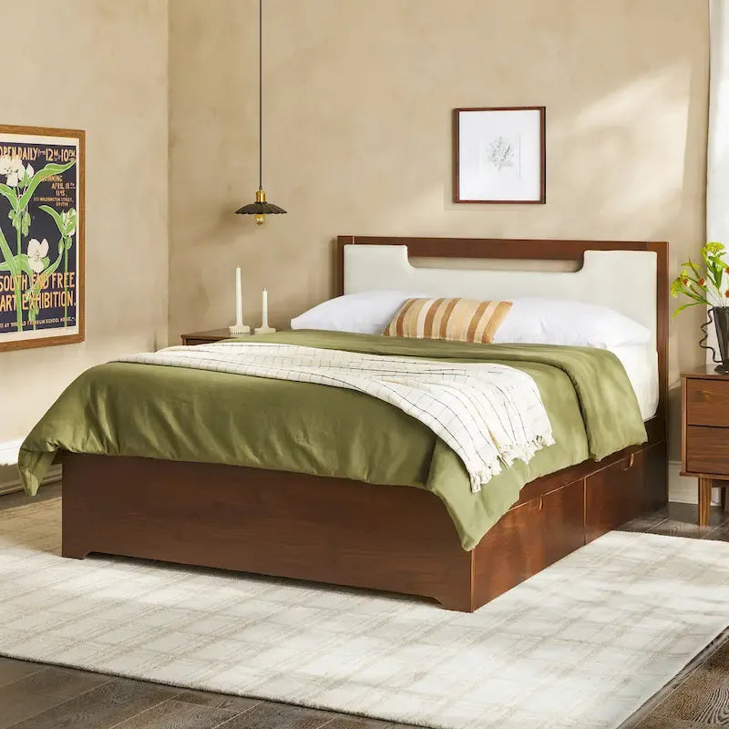 Mid-Century-Modern-Polsterbett aus Massivholz mit Stauraum