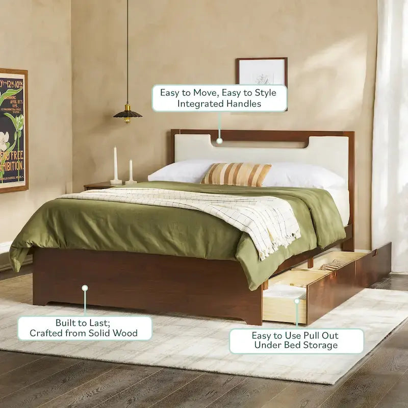 Mid-Century-Modern-Polsterbett aus Massivholz mit Stauraum