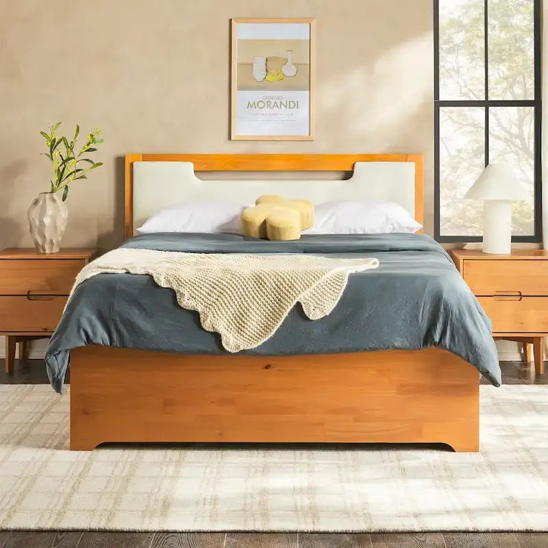 Letto a piattaforma con contenitore in legno massello moderno di metà secolo