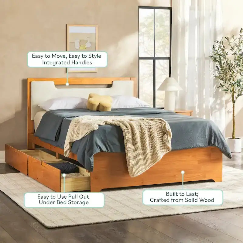 Letto a piattaforma con contenitore in legno massello moderno di metà secolo
