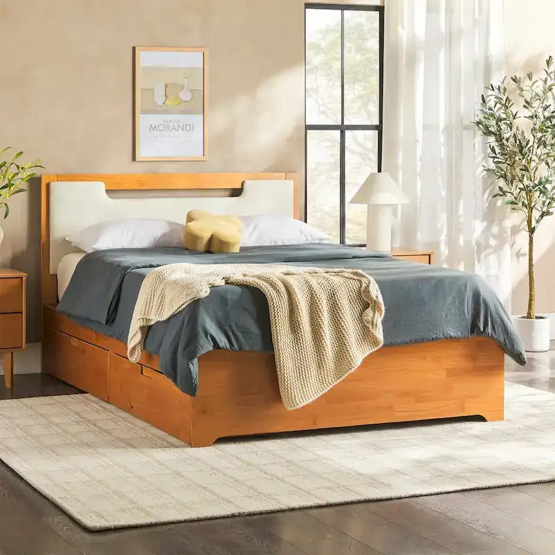 Letto a piattaforma con contenitore in legno massello moderno di metà secolo