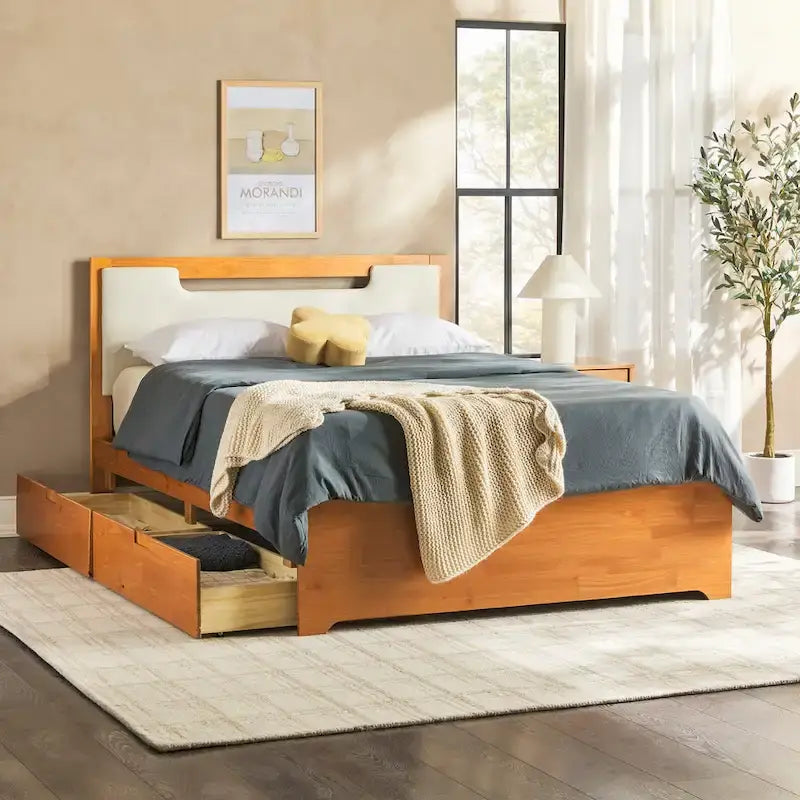Letto a piattaforma con contenitore in legno massello moderno di metà secolo