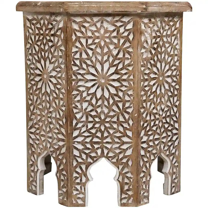 Octagonal Wood Side Table with Carved Details