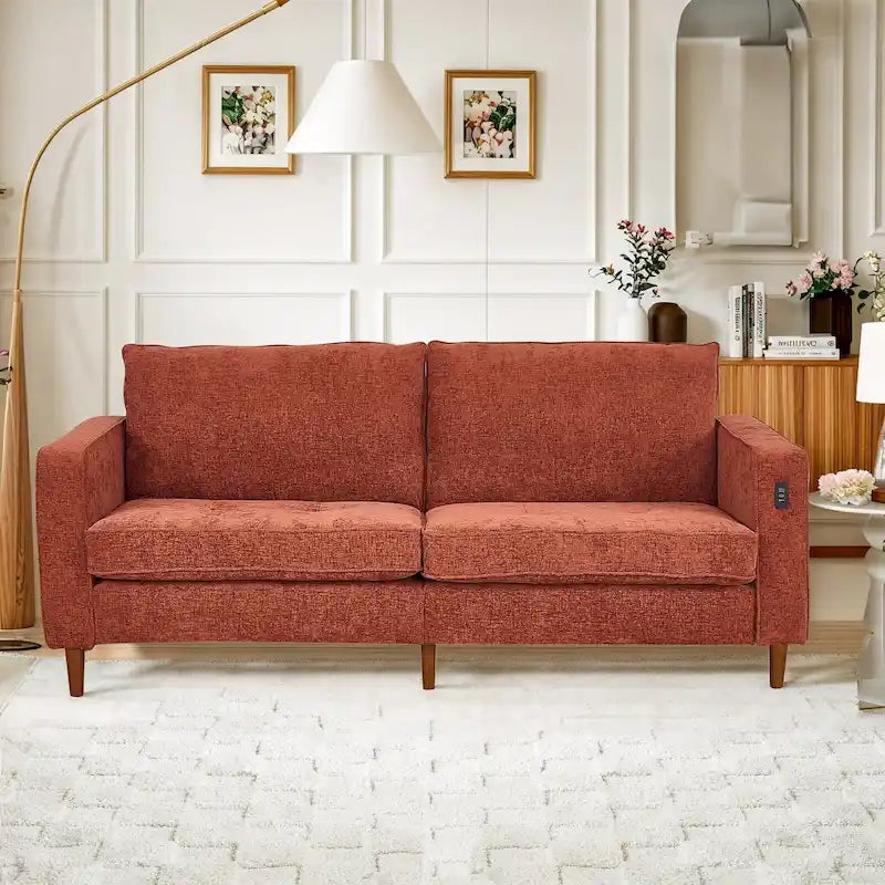 208,3 cm breites Zweisitzersofa mit quadratischen Armlehnen, Chenille-Polsterung und USB-Anschlüssen