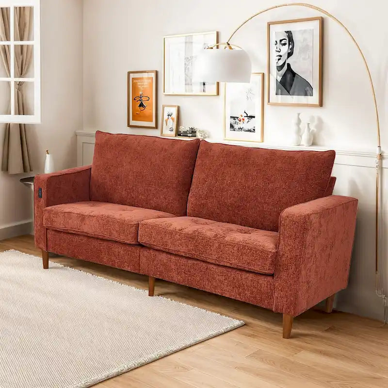 208,3 cm breites Zweisitzersofa mit quadratischen Armlehnen, Chenille-Polsterung und USB-Anschlüssen