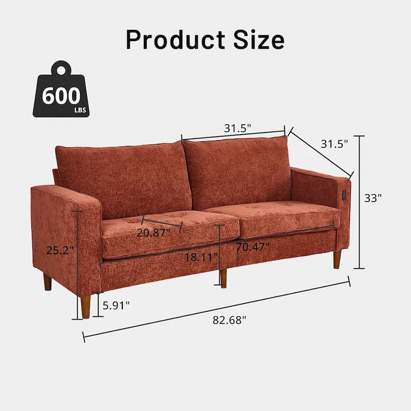 82 in. Square Arm Chenille Upholstered Loveseat Sofa with USB Ports