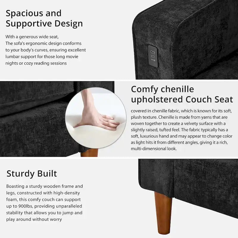 82 in. Square Arm Chenille Upholstered Loveseat Sofa with USB Ports