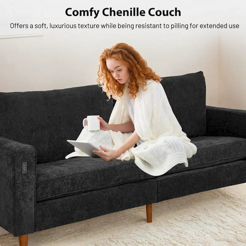 82 in. Square Arm Chenille Upholstered Loveseat Sofa with USB Ports