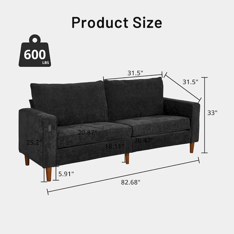 82 in. Square Arm Chenille Upholstered Loveseat Sofa with USB Ports