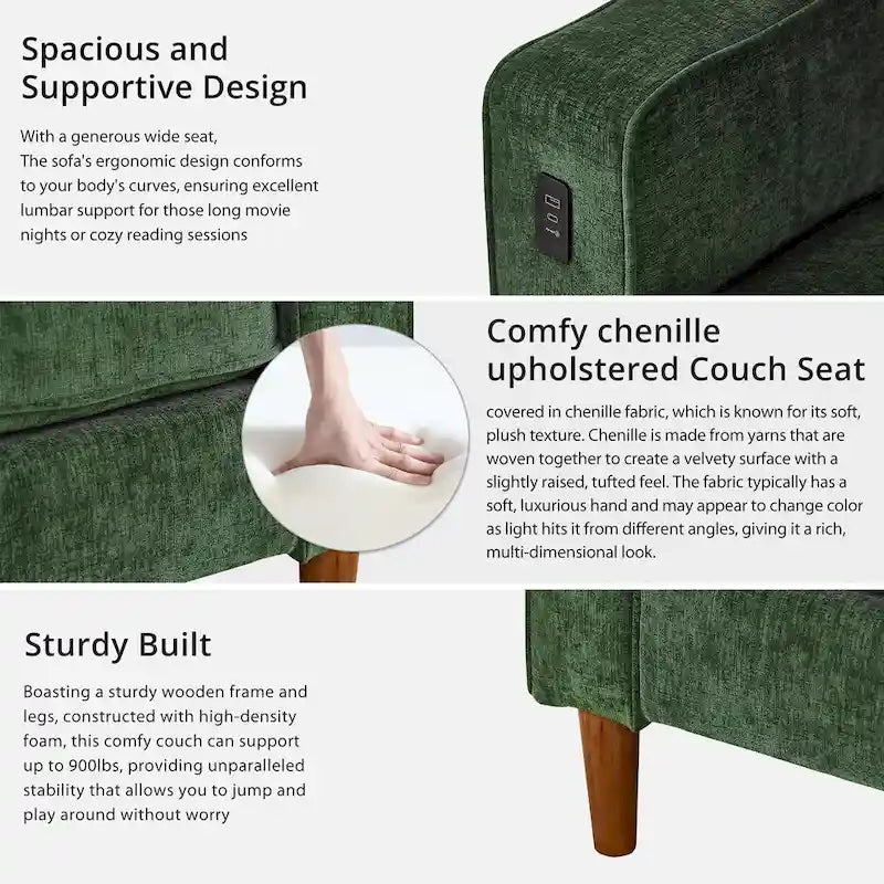 82 in. Square Arm Chenille Upholstered Loveseat Sofa with USB Ports