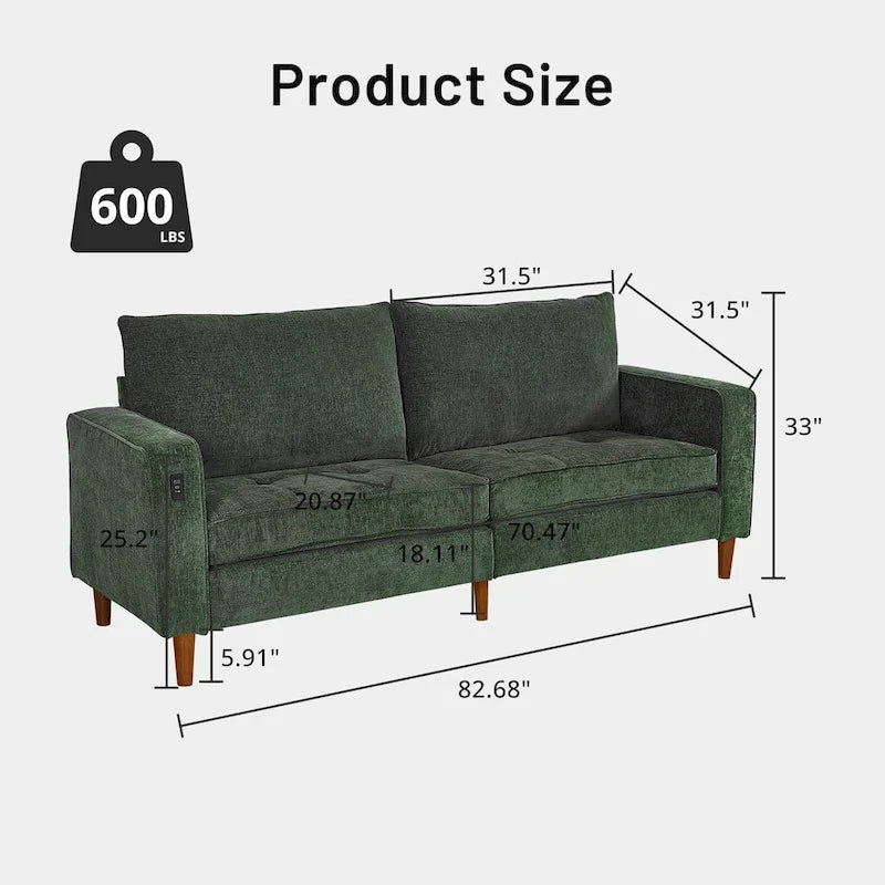 82 in. Square Arm Chenille Upholstered Loveseat Sofa with USB Ports