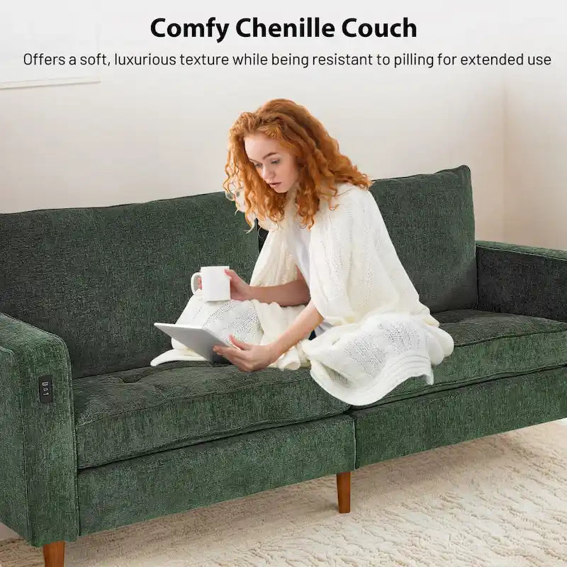 82 in. Square Arm Chenille Upholstered Loveseat Sofa with USB Ports
