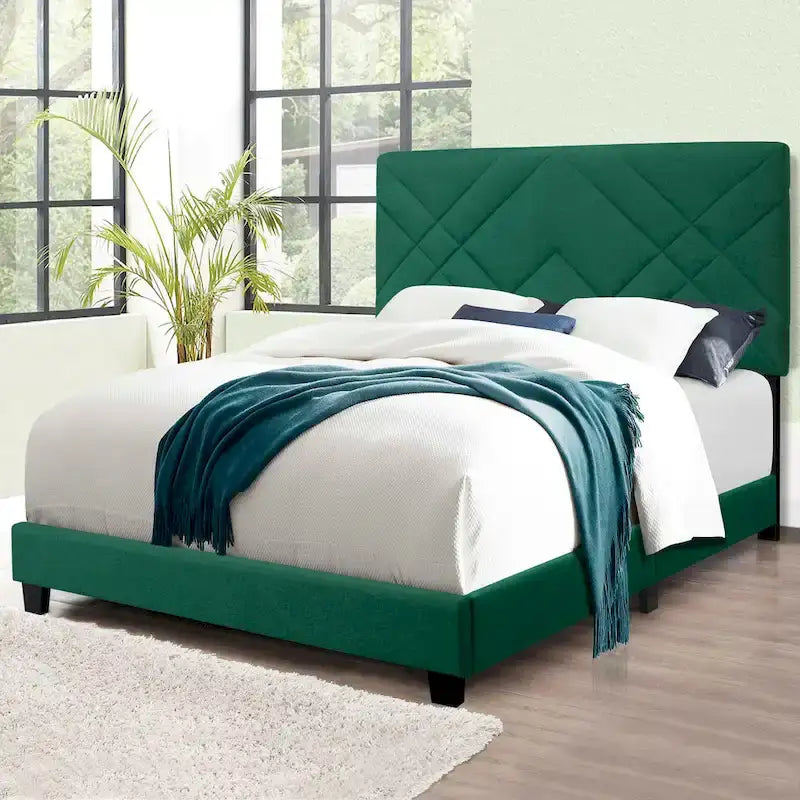 Green Queen Size Adjustable Velvet Platform Bed with Upholstered Headboard
