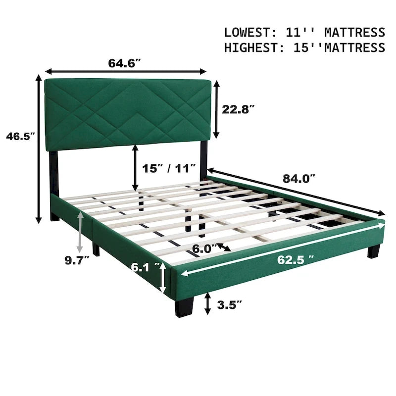 Queen Size Adjustable Velvet Platform Bed with Upholstered Headboard – Green