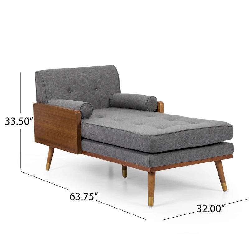 Chaise longue moderna di metà secolo con cuscini a rullo - 32"W x 63.75"L x 33.5"H