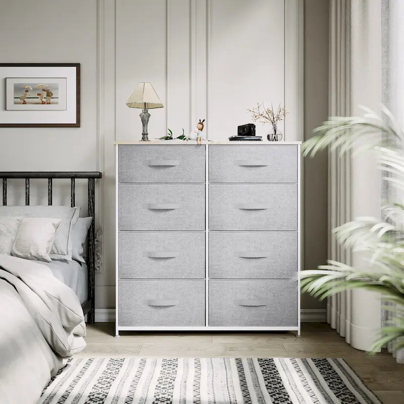 Ladekast met 8 stoffen lades, houten blad en metalen frame