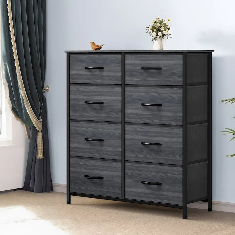 Ladekast met 8 stoffen lades, houten blad en metalen frame