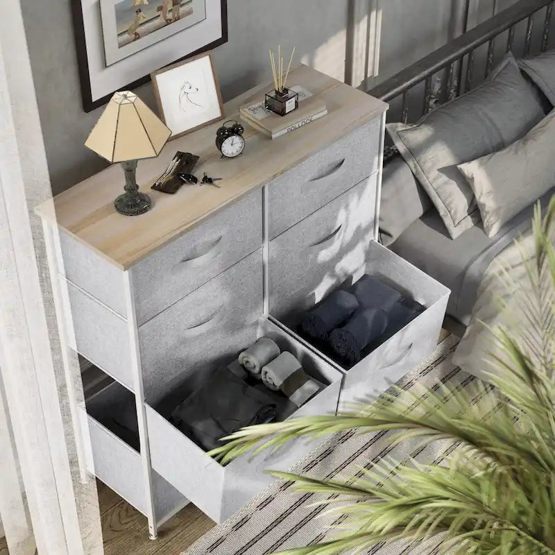 Cassettiera in tessuto a 8 cassetti con piano in legno e struttura in metallo