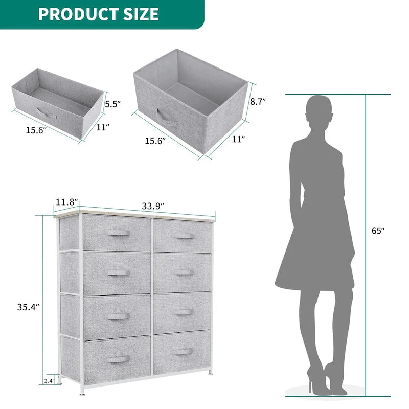 Ladekast met 8 stoffen lades, houten blad en metalen frame