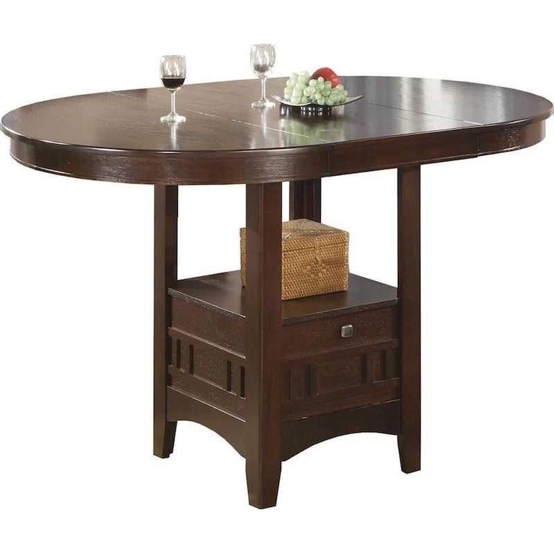 Uitschuifbare eettafel op aanrechthoogte met opbergvoet