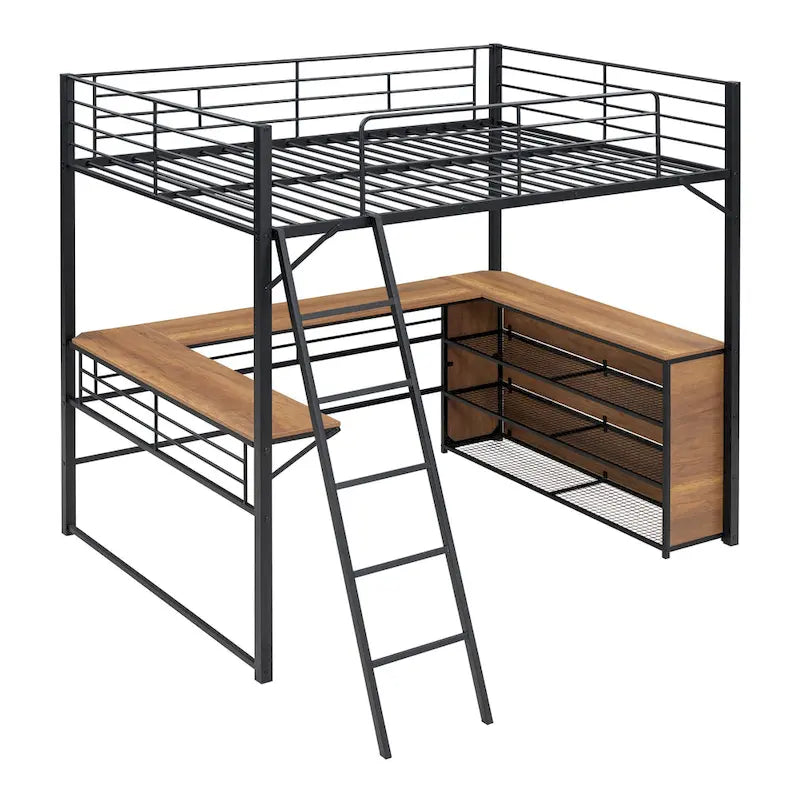 Metalen hoogslaper in Full-formaat met L-vormig bureau en 3 legplanken, zwart