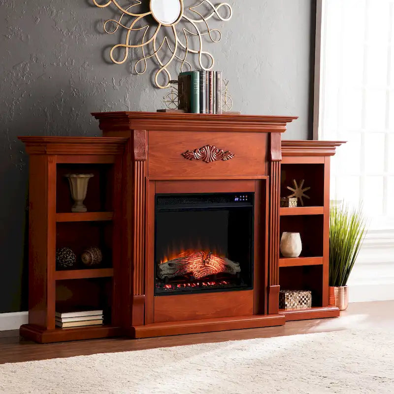 70-inch Electric Fireplace TV Stand with Bookshelves - Mahogany Finish