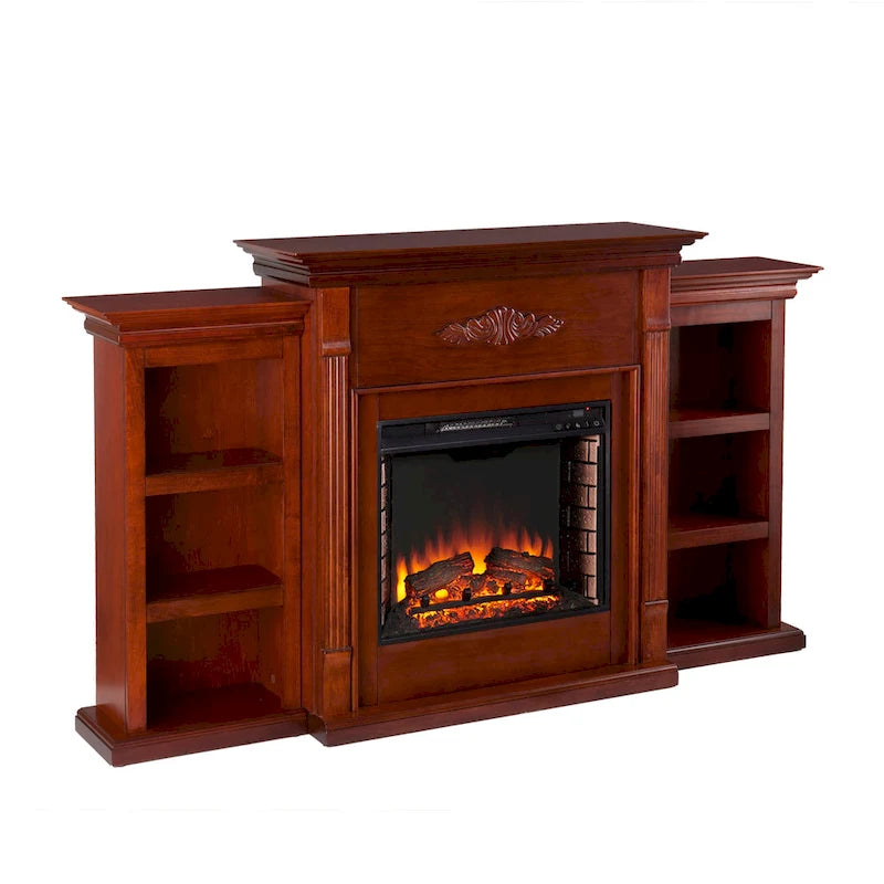 70-inch Electric Fireplace TV Stand with Bookshelves - Mahogany Finish