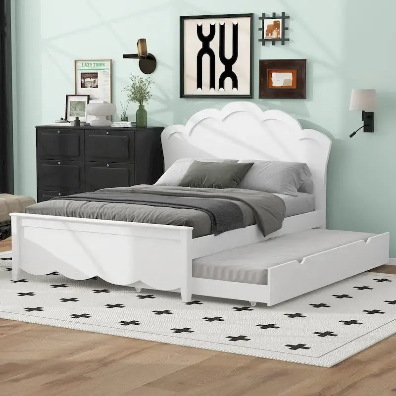 Holz-Platformbett in Full-Size mit Kopfteil und ausziehbarem Einzelbett
