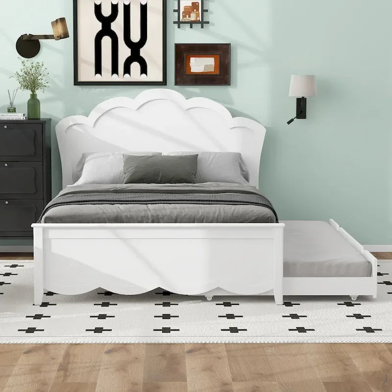 Holz-Platformbett in Full-Size mit Kopfteil und ausziehbarem Einzelbett