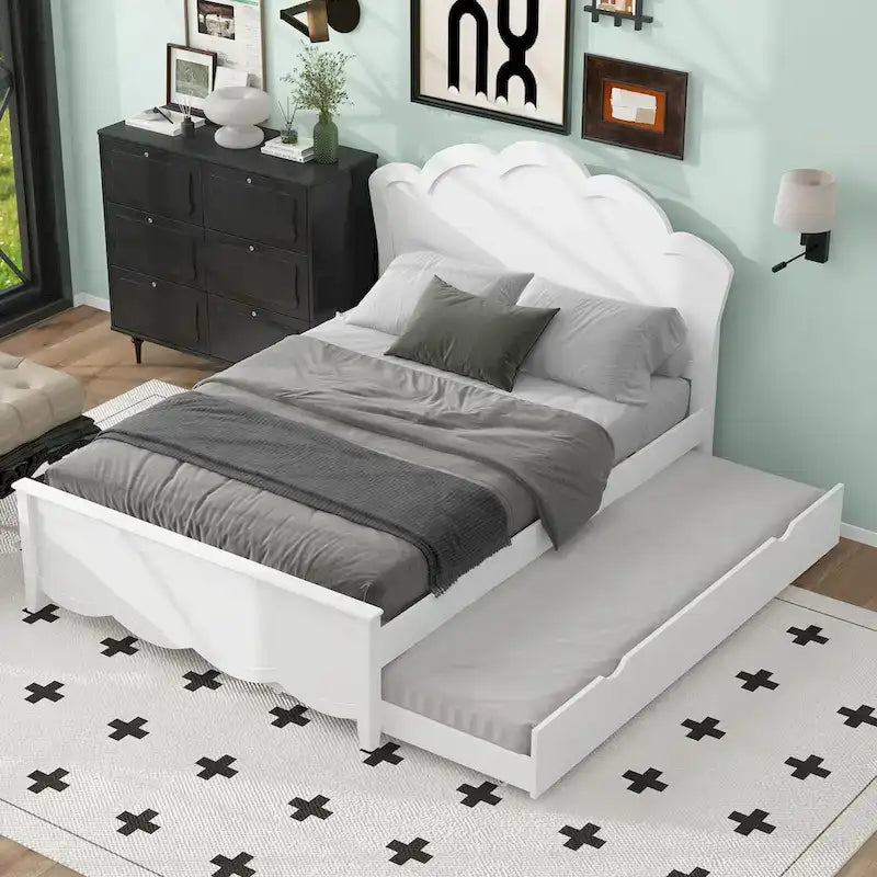 Holz-Platformbett in Full-Size mit Kopfteil und ausziehbarem Einzelbett