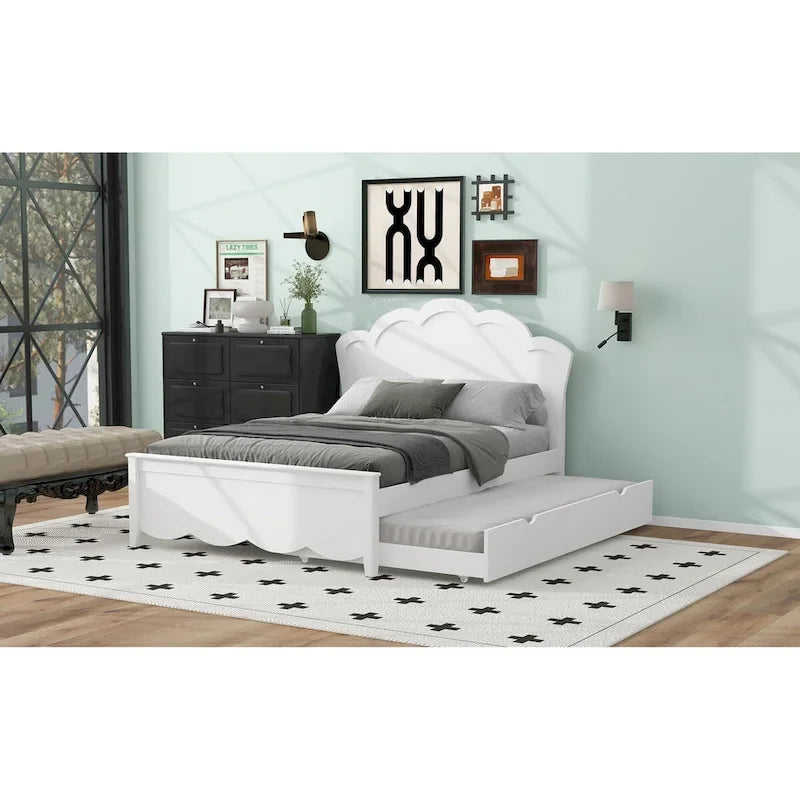 Holz-Platformbett in Full-Size mit Kopfteil und ausziehbarem Einzelbett