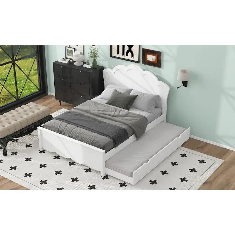 Holz-Platformbett in Full-Size mit Kopfteil und ausziehbarem Einzelbett