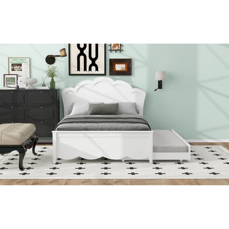 Full Size Wood Platform Bed with Headboard and Twin Trundle