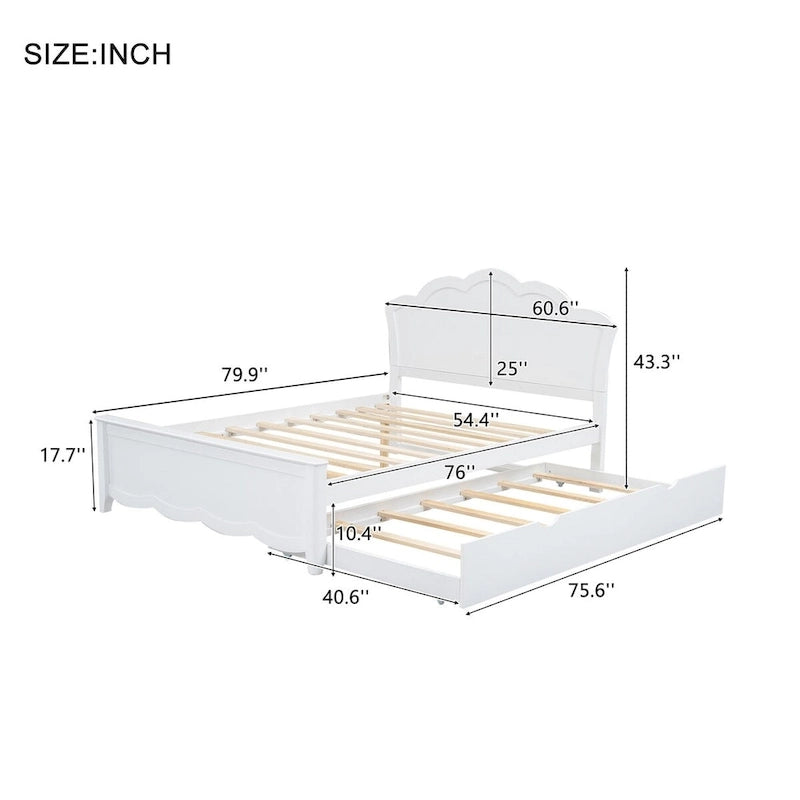 Full Size Wood Platform Bed with Headboard and Twin Trundle