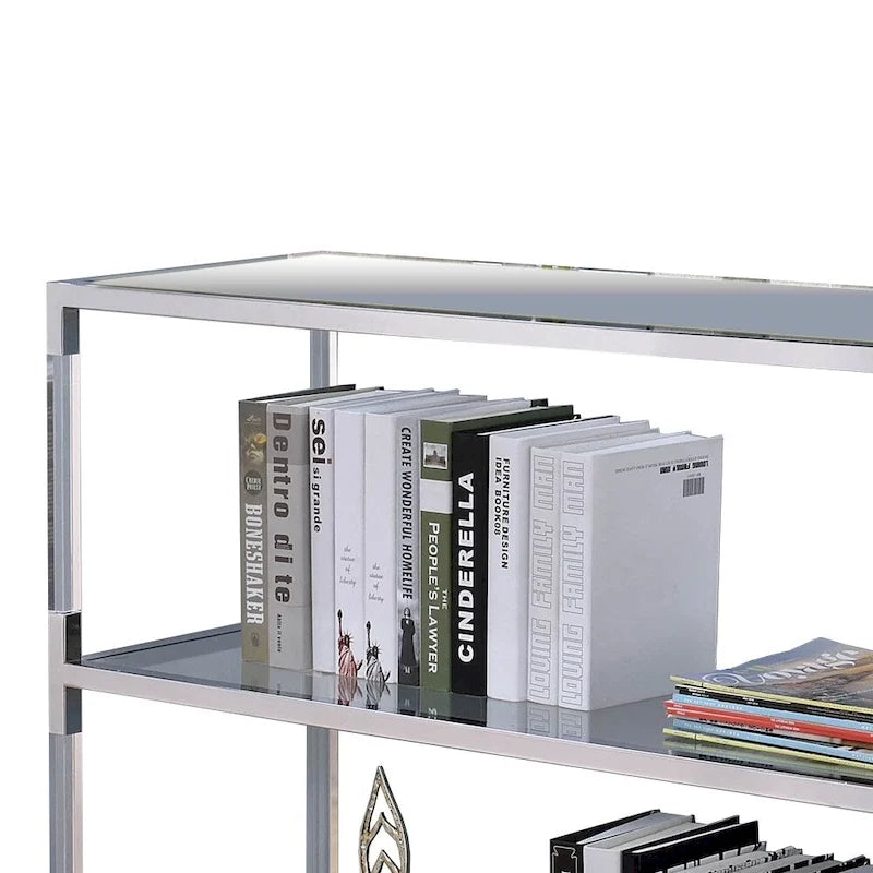 Sofa-tafel van metaal en glas met 2 open legplanken