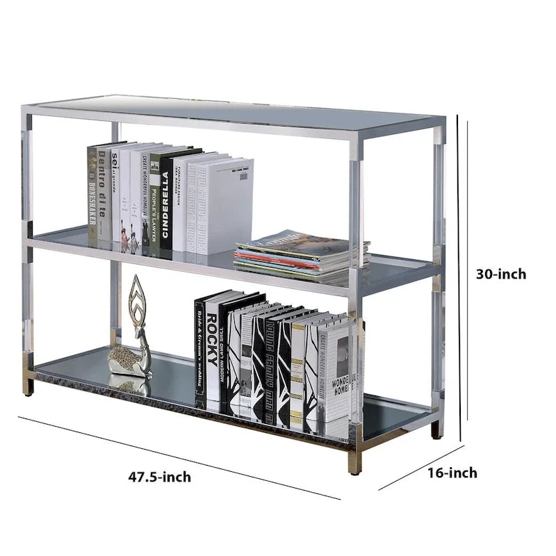 Sofa-tafel van metaal en glas met 2 open legplanken