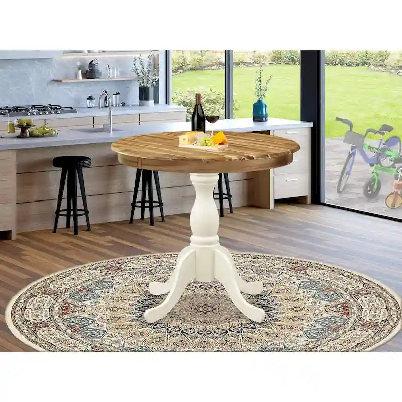 East West Furniture Antique Modern Kitchen Table - a Round Dining Table Top with Pedestal Base, Linen White